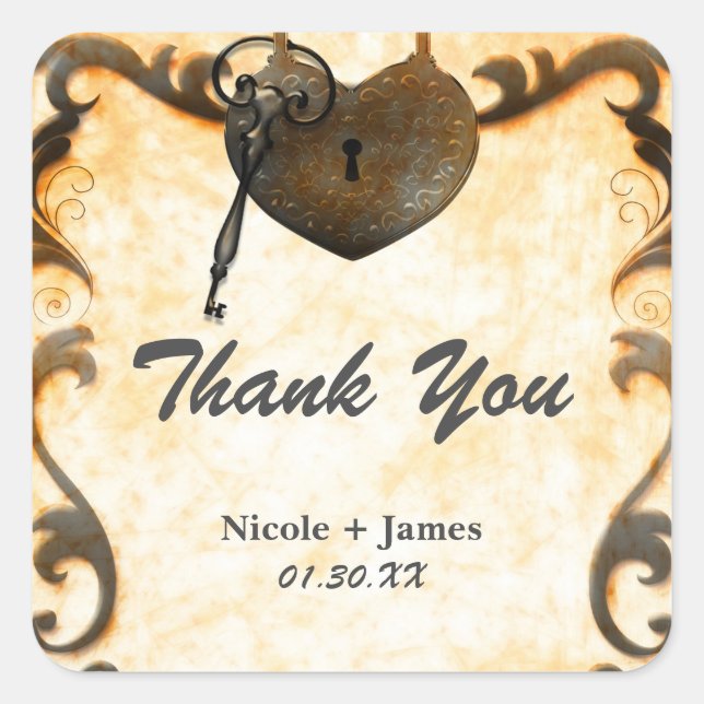 Herzsperre und Vintage rustikale Hochzeitsticker Quadratischer Aufkleber (Vorderseite)