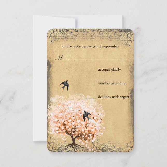Herzstück Leaf Coral Tree Love Bird Wedding RSVP (Vorderseite)