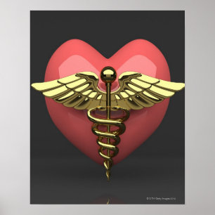 Herzsymbol mit Medizinzeichen (caduceus) Poster