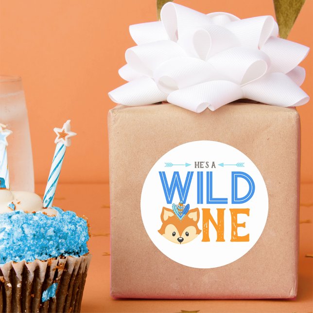 He's a Wild One Woodland Fox 1st Birthday Stickers (He's a Wild One 1st Birthday Party Round Stickers. Available in 2 Sizes)
