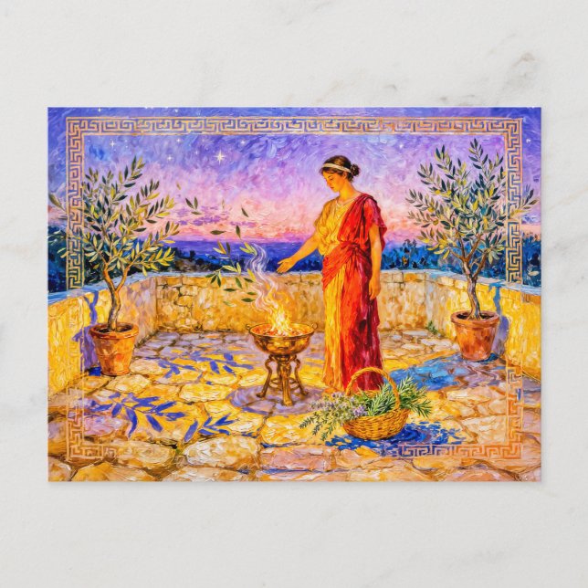 Hestia Lighting a Sacred Fire on Terrace with Oliv Postkarte (Vorderseite)