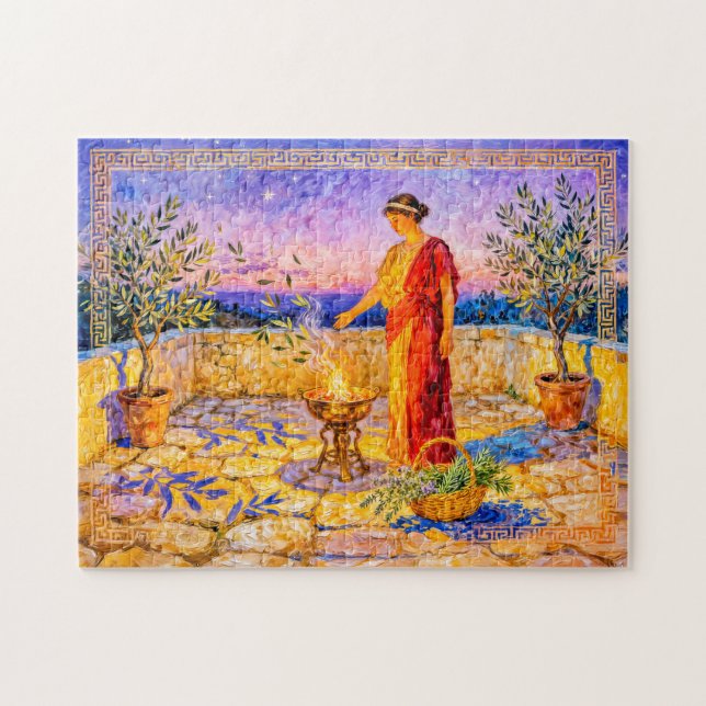 Hestia Lighting a Sacred Fire on Terrace with Oliv Puzzle (Horizontal)