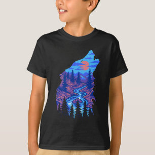 Heulende Wolfssilhouette Wald Fluss Landschaft T-Shirt