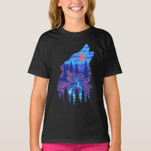 Heulende Wolfssilhouette Wald Fluss Landschaft T-Shirt