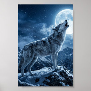 Heulender grauer Wolf Schneebedeckter Berg Mattpos Poster
