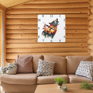 Heulender Wolf Doppelbelichtung Sonnenuntergang Quadratische Wanduhr