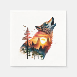 Heulender Wolf Doppelbelichtung Sonnenuntergang Serviette