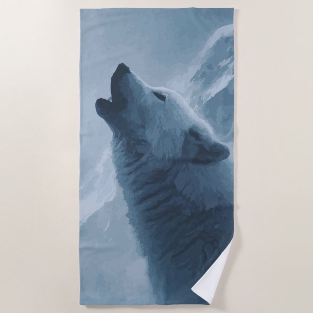 Heulender Wolf Kunst – Blaues Nachtwald-Design Strandtuch (Vorderseite)