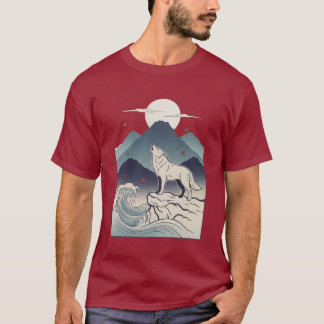 Heulender Wolf Mondbeschienener Berg Holzschnitt T T-Shirt