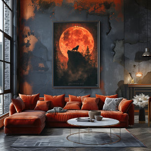 Heulender Wolf Poster mit Blutmond und dunklem Wal