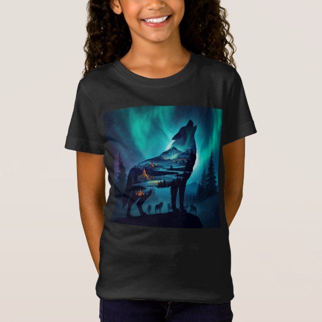 Heulender Wolf Silhouette Auror Borealis T-Shirt (Vorderseite)