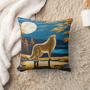 Heulender Wolf unter einem Vollmond. Kissen