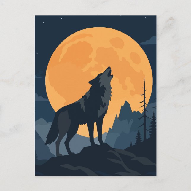 Heulender Wolf unter großem Erntmond Kunst Postkarte (Vorderseite)