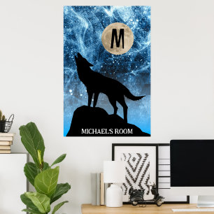 Heulender Wolf Vollmond blau schwarz Custom Monogr Poster