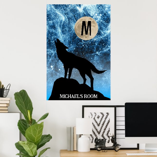 Heulender Wolf Vollmond blau schwarz Custom Monogr Poster (Heimbüro)