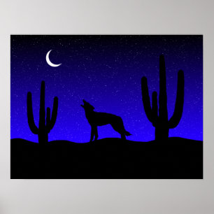 Heulender Wolf Wüsten-Nacht-Silhouette Poster