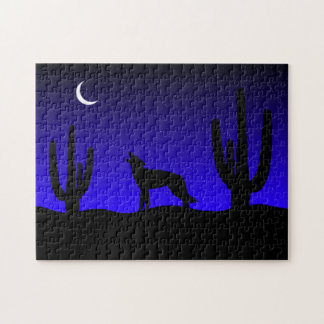 Heulender Wolf Wüstennacht Silhouette Puzzle