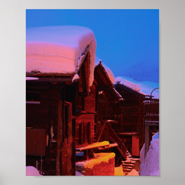 Heuschober in alt-Zermatt bei Abenddämmerung Poster (Vorne)