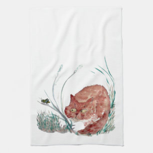Heuschrecke neckt das Kätzchen, Sumi-e Handtuch