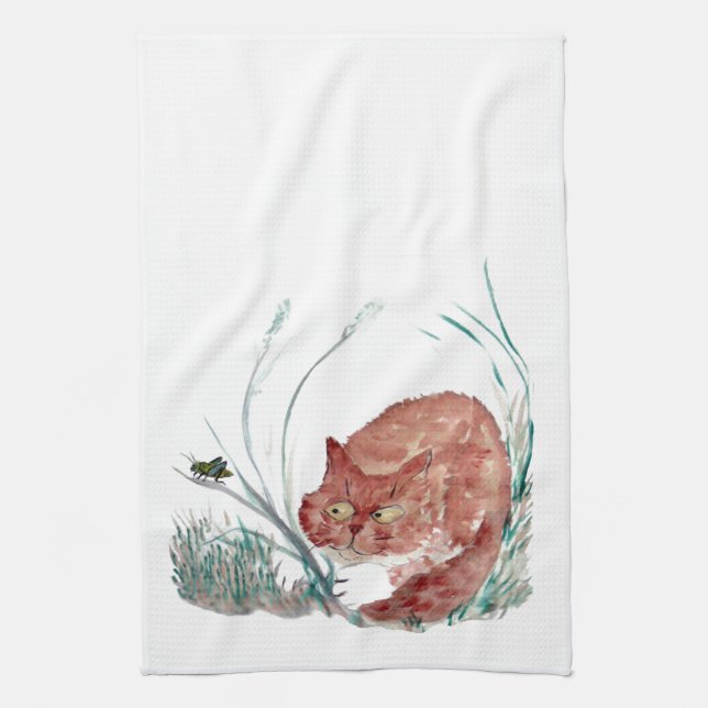Heuschrecke neckt das Kätzchen, Sumi-e Handtuch (Vertikal)