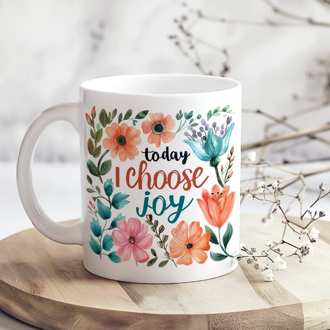 "Heute wähle ich die Freude" Pastel floral Inspira Kaffeetasse ("Today I Choose Joy" Pastel Floral Inspiration Coffee Mug on a boho kitchen table with dry flowers)