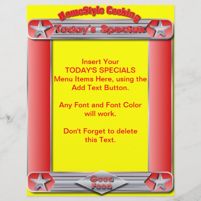 Heutige Speisekarte "Homestyle Cooking" Beilage (Vorderseite)