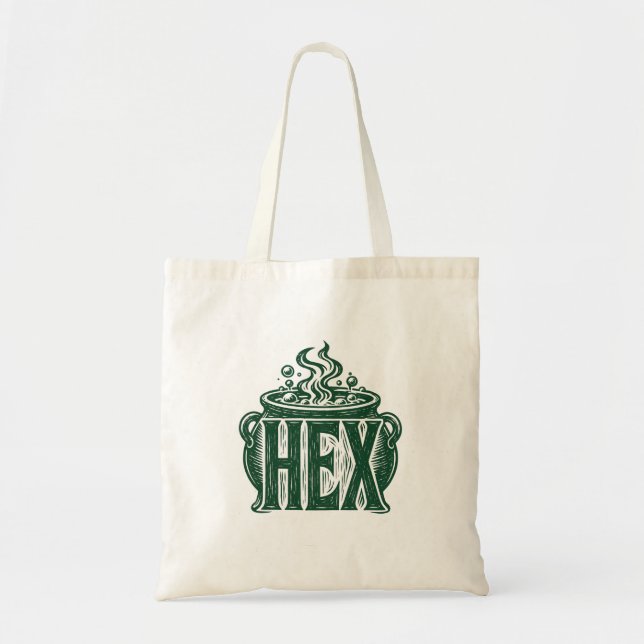 Hex-Kessel-Halloween-Linolschnitt-Design Tragetasche (Vorne)
