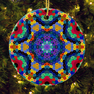 Hex Mandala Blau Gelb Rot und Grün Keramik Ornament