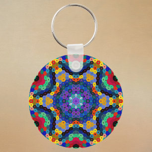 Hex Mandala Blau Gelb Rot und Grün Schlüsselanhänger