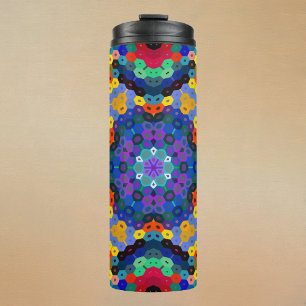 Hex Mandala Blau Gelb Rot und Grün Thermosbecher