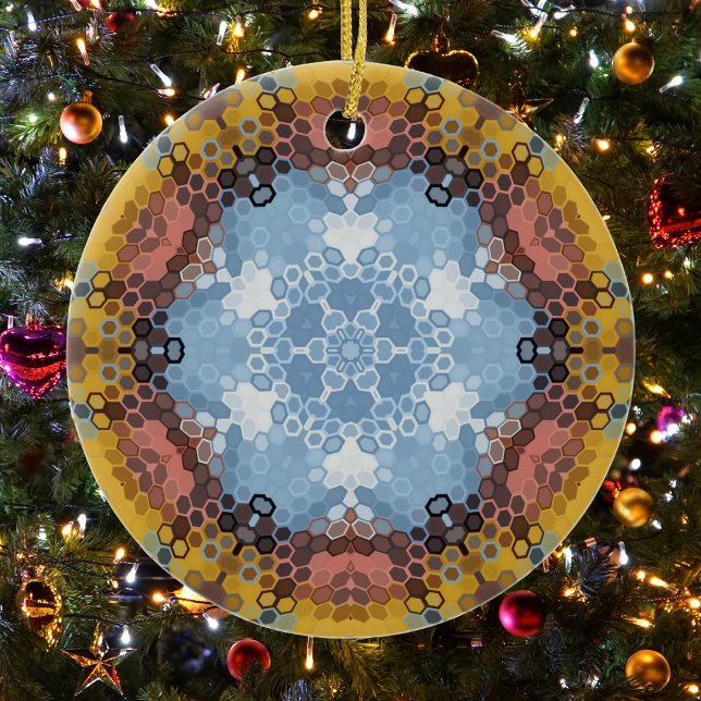 Hex Mandala Blau Gelb und Rosa Keramik Ornament (Blue Yellow and Pink Hexagon Mandala Christmas Ornament from Wormhole Orbital)