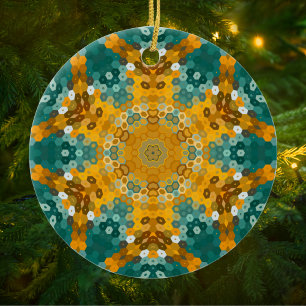 Hex Mandala Blau und Gelb Keramik Ornament