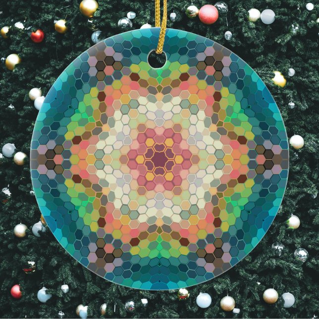 Hex Mandala Blue Green und Pink Keramik Ornament (Blue Green and Pink Hexagon Mandala Christmas Ornament from Wormhole Orbital)
