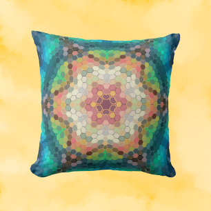 Hex Mandala Blue Green und Pink Kissen