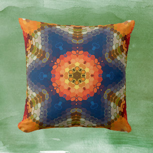 Hex Mandala Blue Orange und Red Kissen