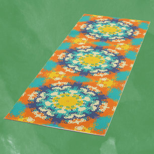 Hex Mandala Blue Orange und Yellow Yogamatte