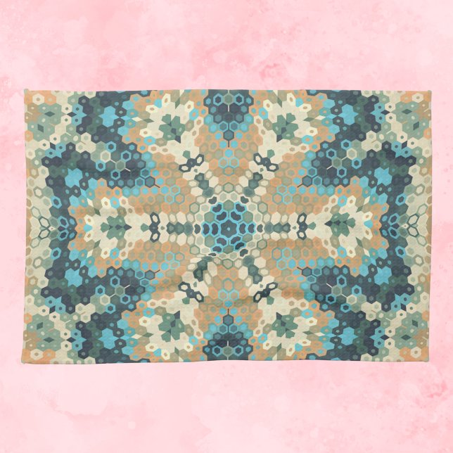 Hex Mandala Blue und Orange Geschirrtuch (Blue and Orange Hexagon Mandala Kitchen Towel by Wormhole Orbital)