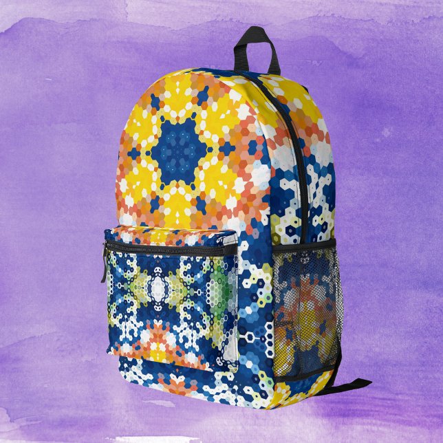 Hex Mandala Blue Yellow Orange und Green Bedruckter Rucksack (Blue Yellow Orange and Green Hexagon Mandala Backpack by Wormhole Orbital)