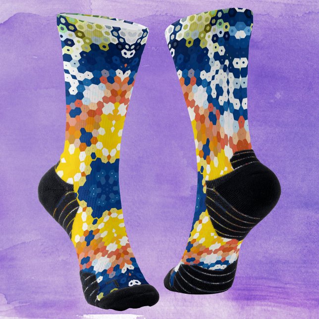 Hex Mandala Blue Yellow Orange und Green Socken (Blue Yellow Orange and Green Hexagon Mandala Socks by Wormhole Orbital)