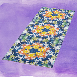 Hex Mandala Blue Yellow Orange und Green Yogamatte