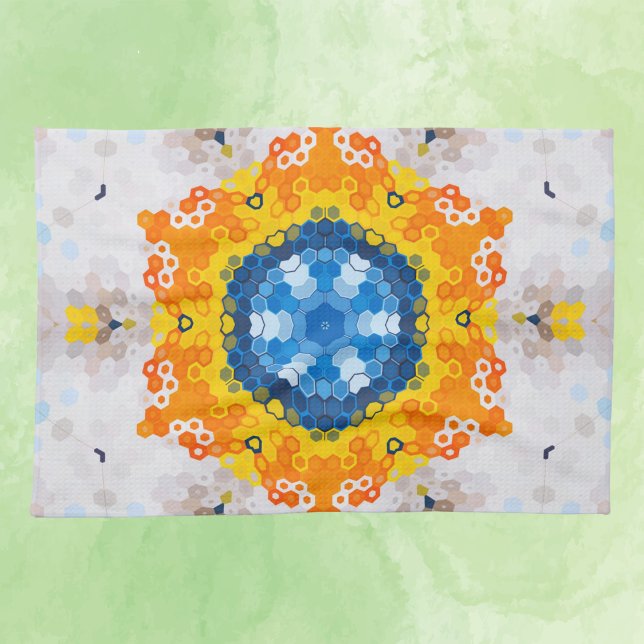 Hex Mandala Blue Yellow Orange und White Geschirrtuch (Von Creator hochgeladen)