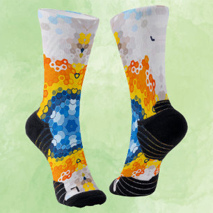 Hex Mandala Blue Yellow Orange und White Socken