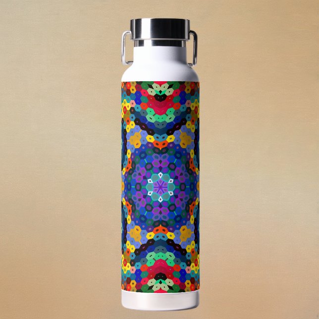 Hex Mandala Blue Yellow Red and Green Trinkflasche (Blue Yellow Red and Green Hexagon Mandala Water Bottle by Wormhole Orbital)