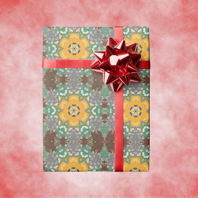 Hex Mandala Gelb Aquamarin und braun Geschenkpapier (Yellow Teal and Brown Hexagon Mandala Wrapping Paper by Wormhole Orbital.)