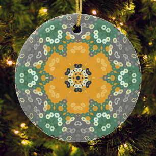 Hex Mandala Gelb Aquamarin und braun Keramik Ornament