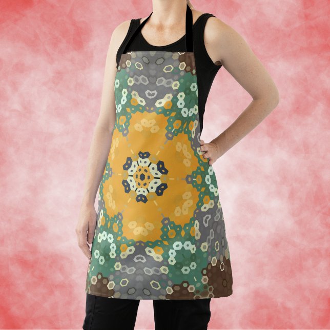 Hex Mandala Gelb Aquamarin und braun Schürze (Yellow Teal and Brown Hexagon Mandala Apron by Wormhole Orbital.)