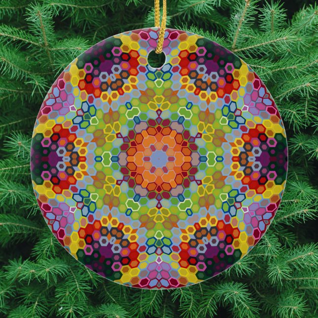 Hex Mandala Green Pink und Orange Keramik Ornament ( Green Pink and Orange Hexagon Mandala Christmas Ornament from Wormhole Orbital)