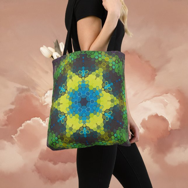 Hex Mandala Green Yellow und Blue (Green and Blue Hexagon Mandala Tote Bag By Wormhole Orbital)