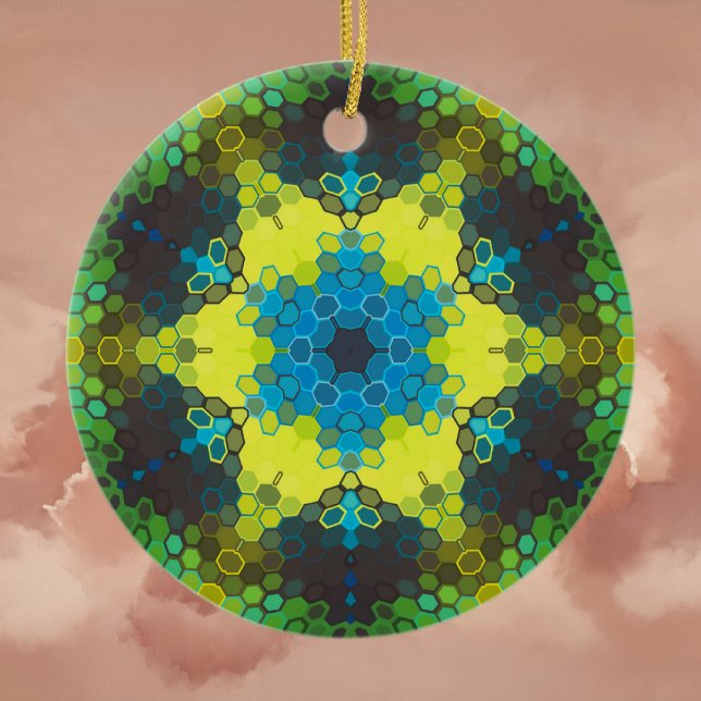 Hex Mandala Green Yellow und Blue Keramik Ornament (Green and Blue Hexagon Mandala Ornament By Wormhole Orbital)