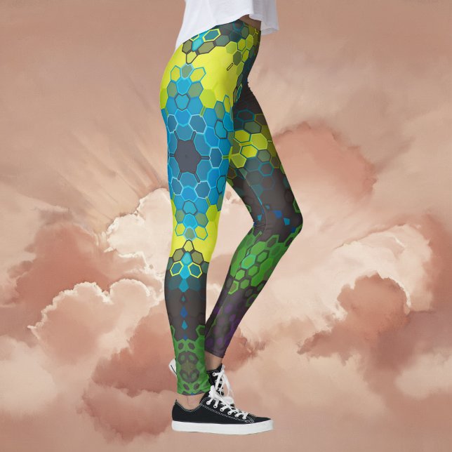 Hex Mandala Green Yellow und Blue Leggings (Green and Blue Hexagon Mandala Leggings By Wormhole Orbital)